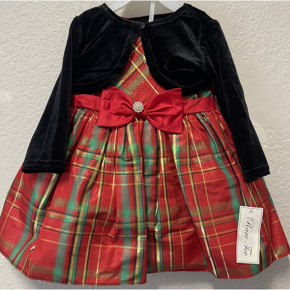 Girl's Rare Too Black Velour Cardigan & Red Plaid Tulle Dress Sz. 12 Month